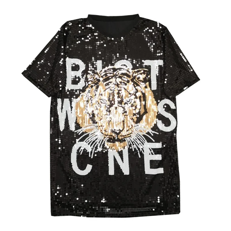 CHIC Hip Hop Europe US Cartoon Tiger Women Sequined T-shirt Punk Casual Loose Long Top Dance Punk Jersey Tees Dress Street Wear