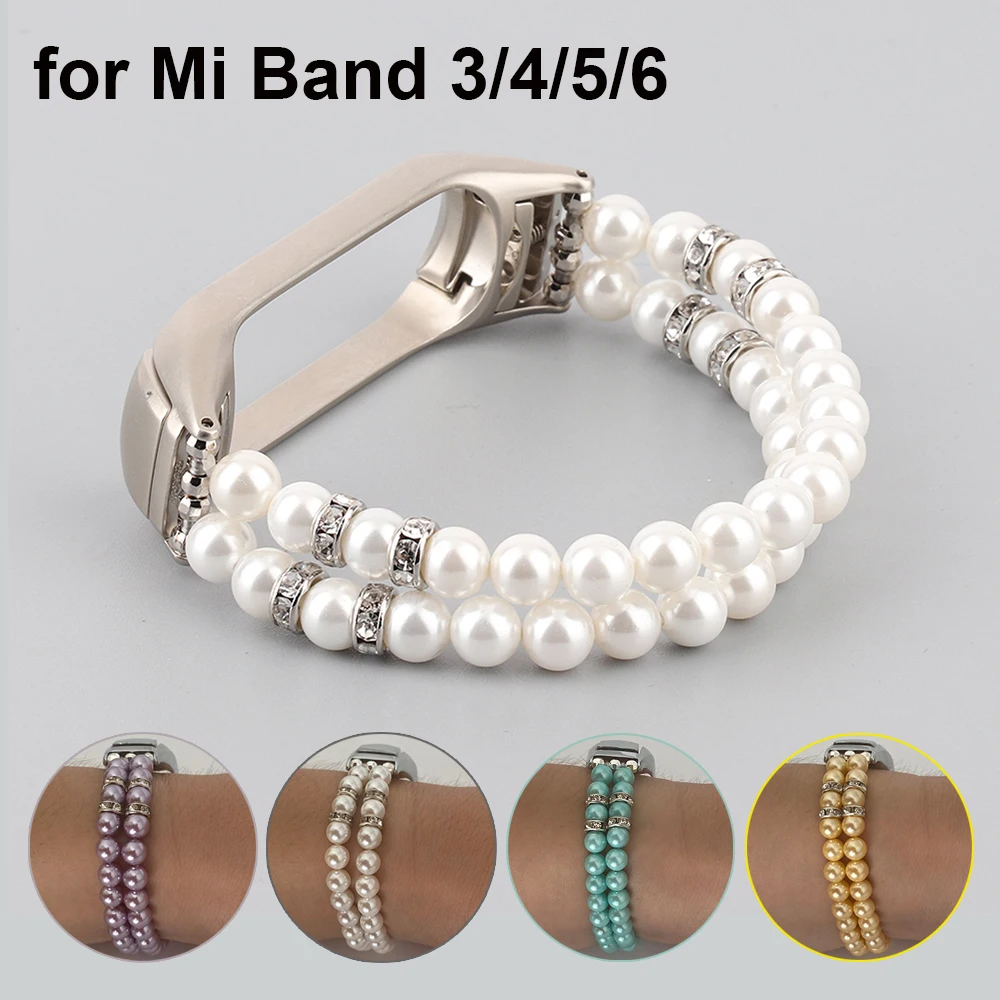 Pearl Women Watch Strap Mi Band 6 7 8 Bracelet Jewelry Watchband Strap for Xiaomi Mi Band 5 Miband 3 4 Wristband Loop Elastic