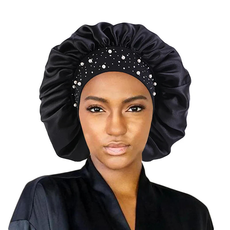 

Luxury fashion double layer adjust custom logo black satin silk hair bonnet headgear 2pcs a lot