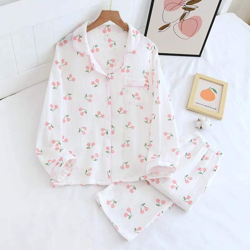 Fdfklak Spring Fall Full Sleeve Homewear Loose 2Pcs Pajama Set 100% Gauze Cotton Casual Print Sleeping Shirt Home Wear Clothes