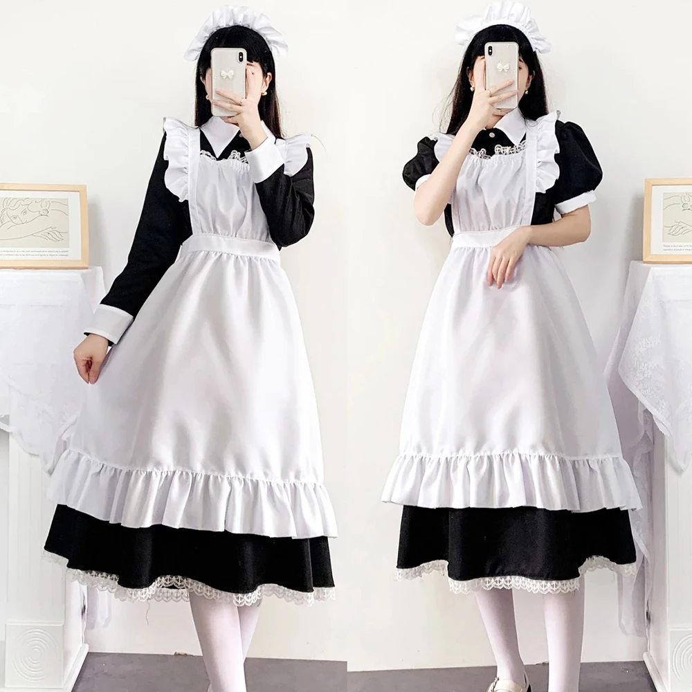 

Plus Size Women Maid Outfit Long Maid Cosplay Costume Black White Lolita Dress with Apron Anime Dress Lace Cafe Uniform 4XL 5XL