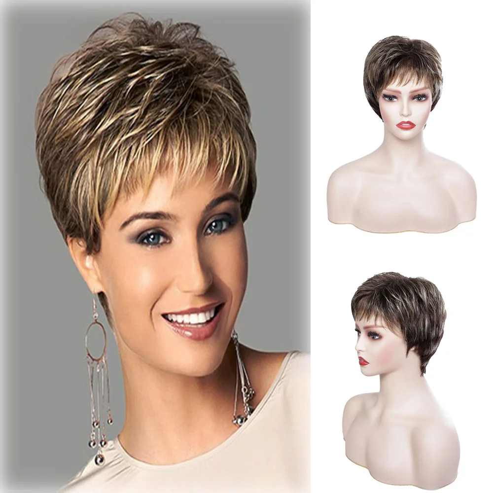 Ladies Short Omber Brown Synthetic Wig Pixie Cut Hairstyle Straight Wig With Bang For Women Daily Use Heat Resistant Fiber