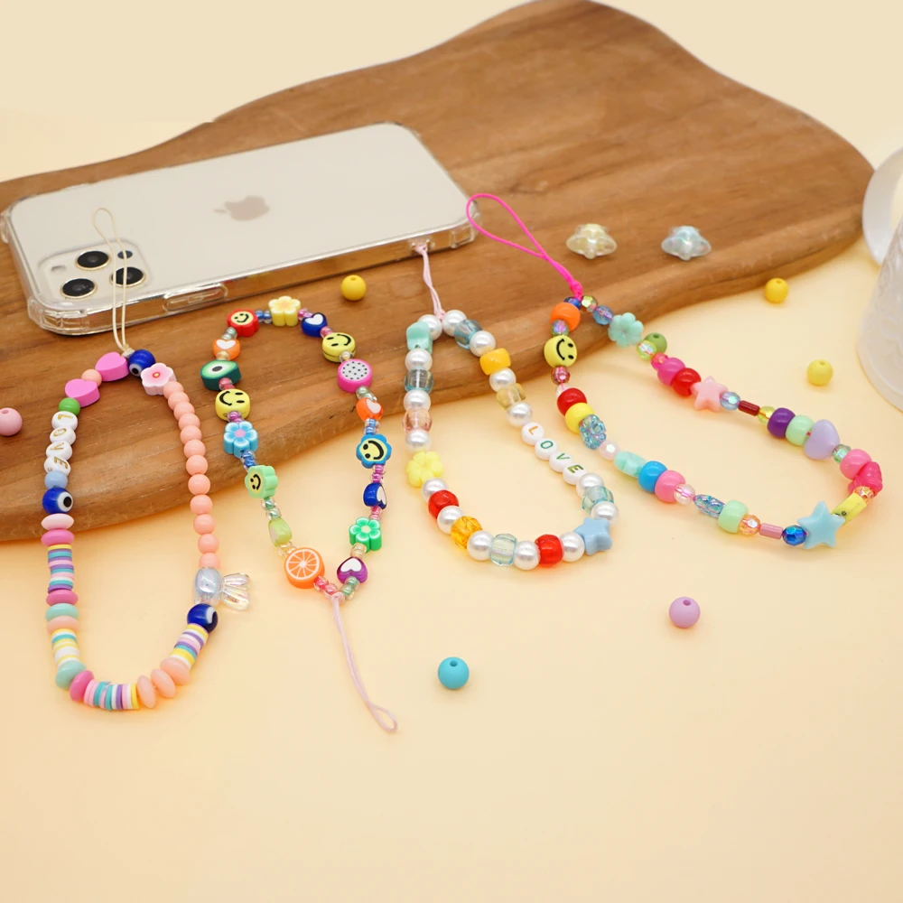 Bohemian Cell Phone Chain Bohemian Rainbow Beads Wrist Strap For Mobile Phone Holder String Colorful LanyardSmileyChains Jewelry