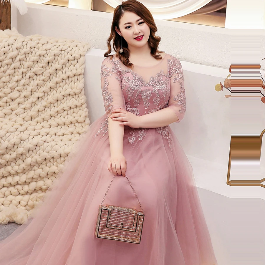 Evening Dresses Bean paste O-neck Floor Length Robe De Soiree Short Sleeve Women Party Dresses 2019 Plus Size Formal Gowns T086