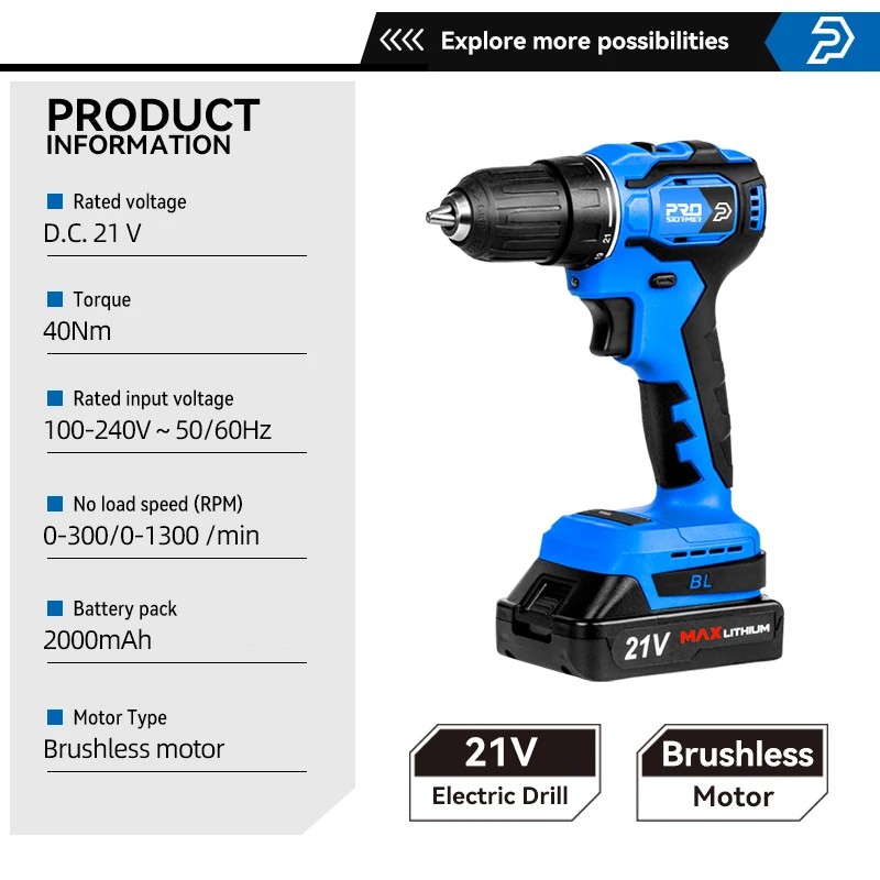 21V Brushless Drill 40NM Cordless Mini Electric Driver Screwdriver Household Power Tools 5pcs Bits by PROSTORMER