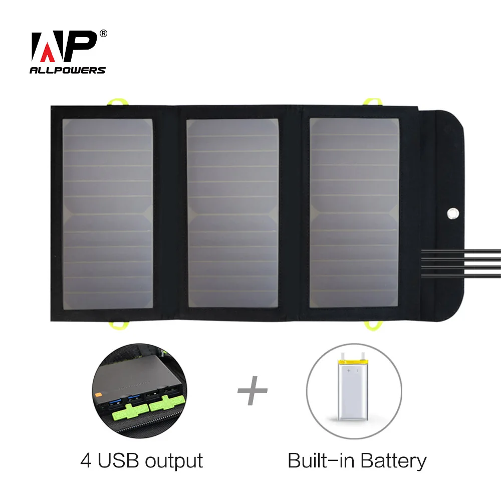 ALLPOWERS-painel solar dobrável ao ar livre, carregador solar portátil para celular, bateria embutida de 10000mAh, USB, tipo C, 5V, 21W