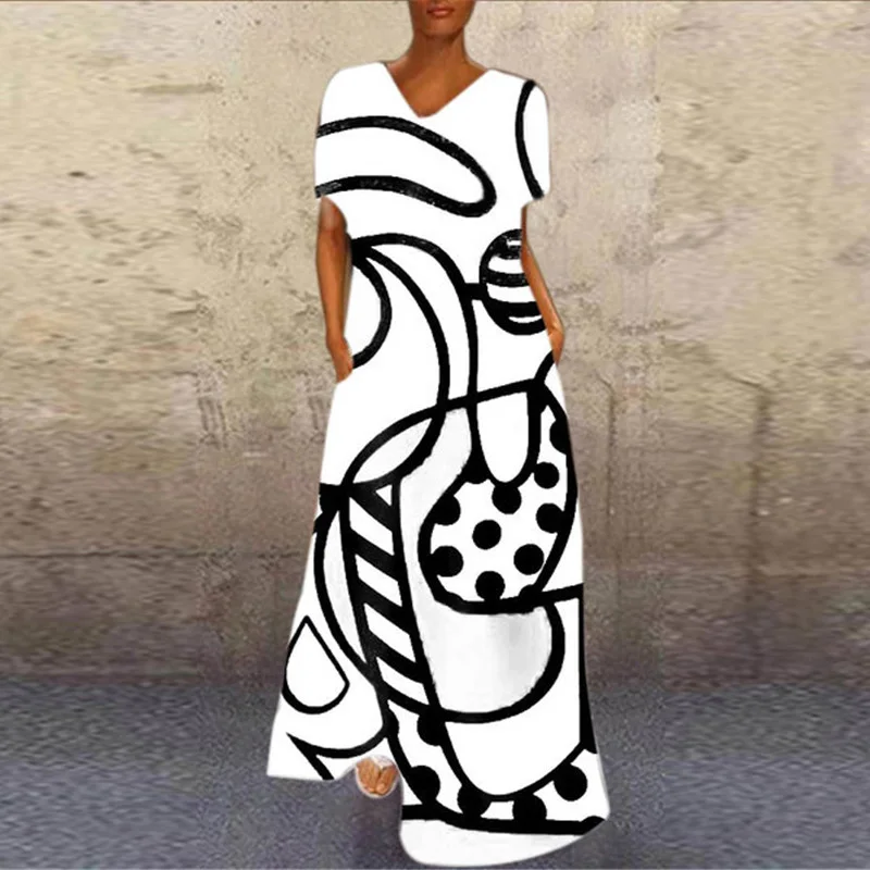 Elegante vestido de fiesta con estampado abstracto para mujer, manga corta, cuello en V, largo, suelto, Verano