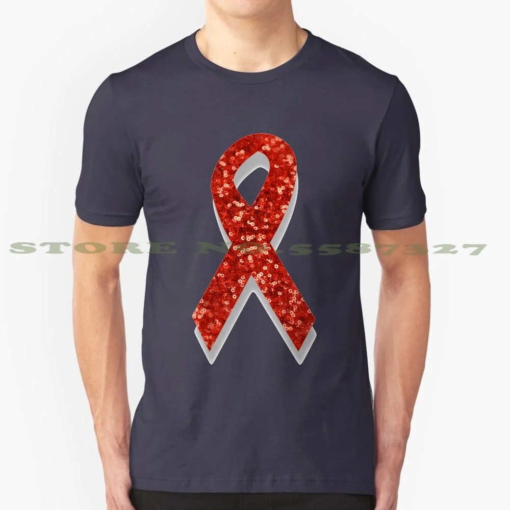 Sequin Red Ribbon 100% Cotton T-Shirt Sequin Red Ribbon Hiv Aids Ribbon Aids Awareness Support Heart Disease Awareness Heart