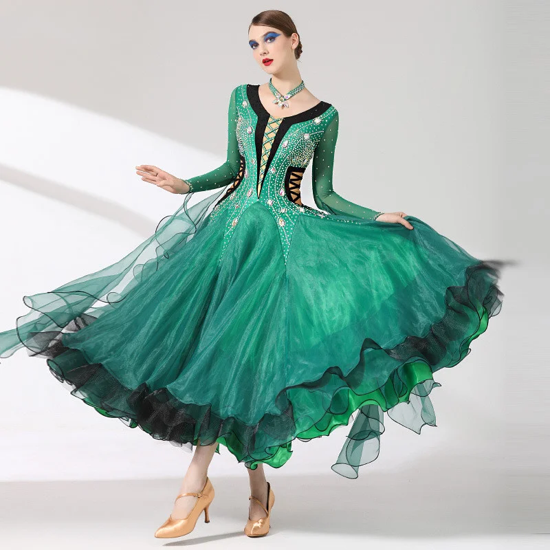 New Coming Exquisite Women Ladies Adult Performance Competition Wear International Standard Green Ballroom Dance Dress