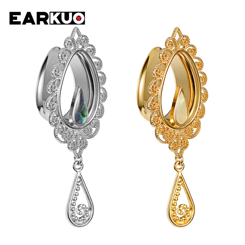 EARKUO New Trendy Water Drop Flower Vine Shell Stainless Steel Ear Piercing Plugs Expanders Body Jewelry Ear Gauges Tunnels 2PCS