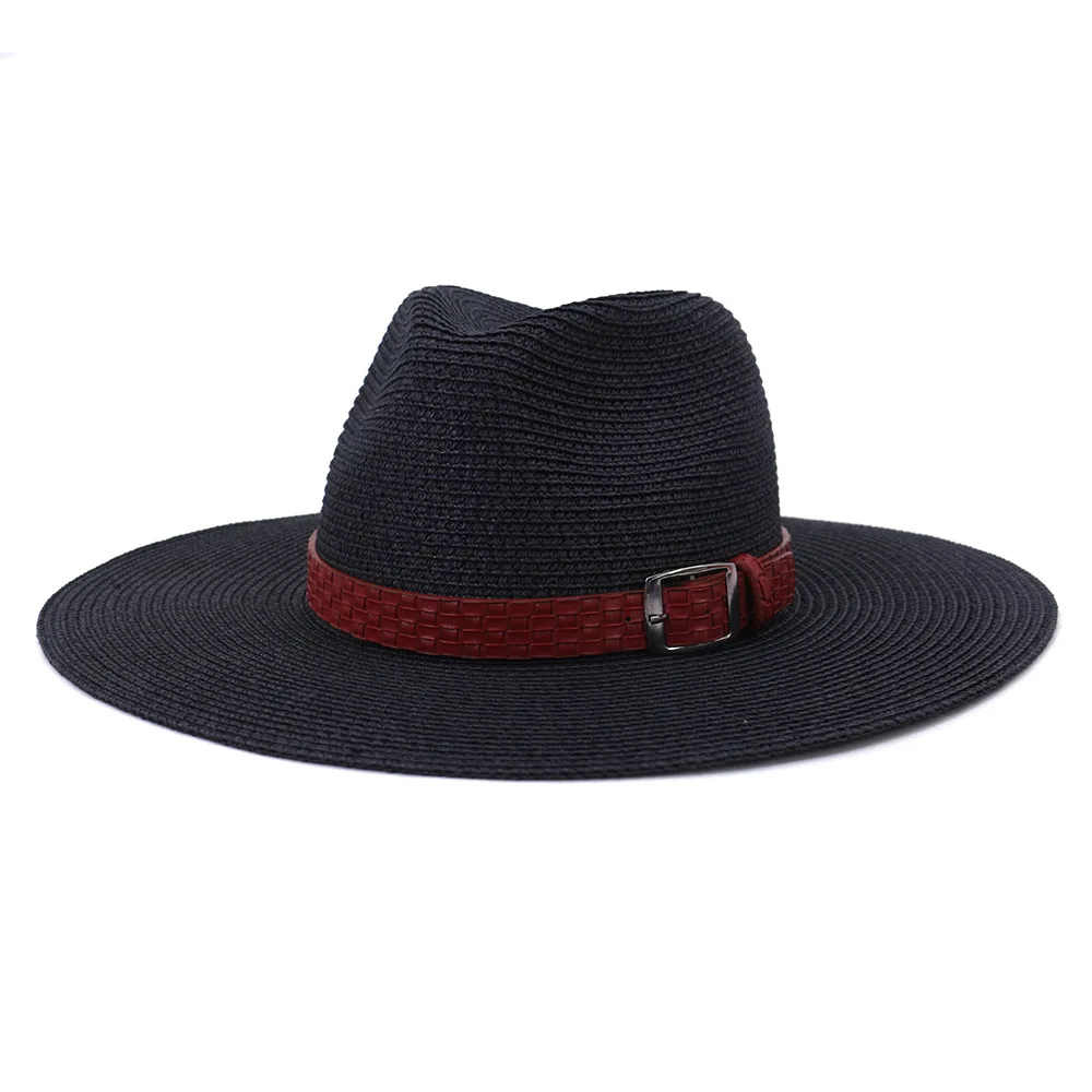 

Lager Brim Summer Outdoor Sunahde Soild Color Straw Hat With Red Belt Women And MenBritish Jazz Style Caps Casual Fedora Hats