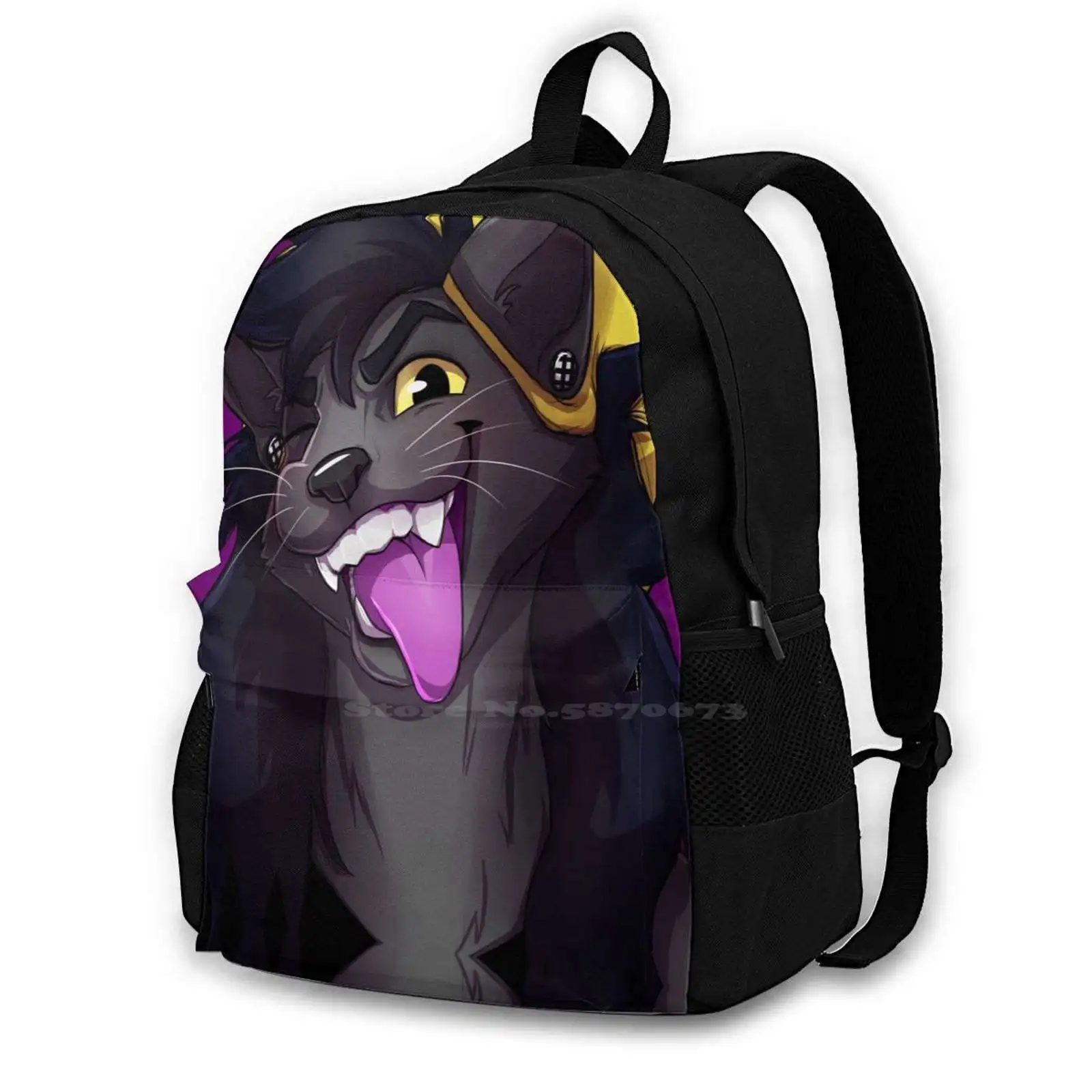 

School Bags Travel Laptop Backpack Furry Fursona Cat Beanie Grey Gray Earrings Tongue Hair