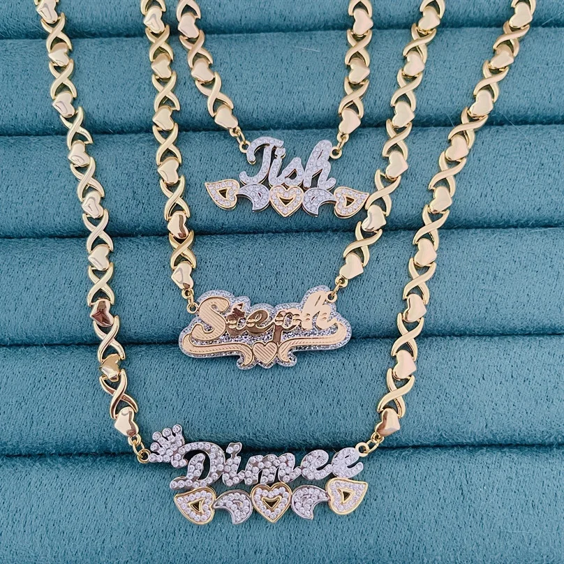 Custom Name Necklace 3D Double Nameplate Customize Necklaces Personalized XOXO Name Necklace for Women Jewelry Birthday Gifts