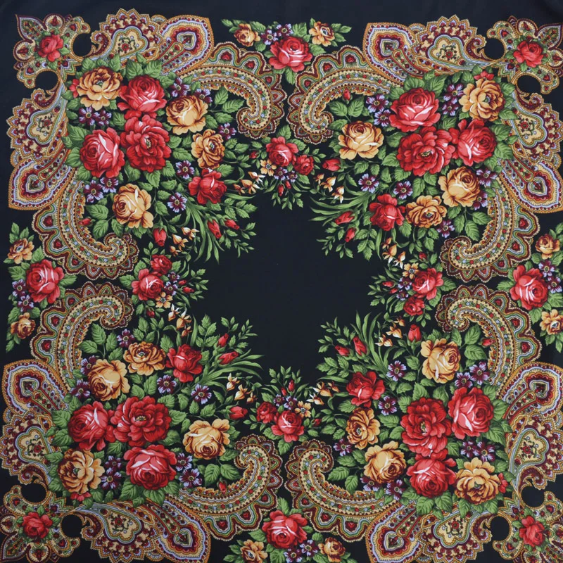 90*90cm russischer nationaler Stil quadratischer Schal Schal weibliche Fransen Blumen druck Schals Dame Kopf wickelt Foulard Femme Hijab Schals