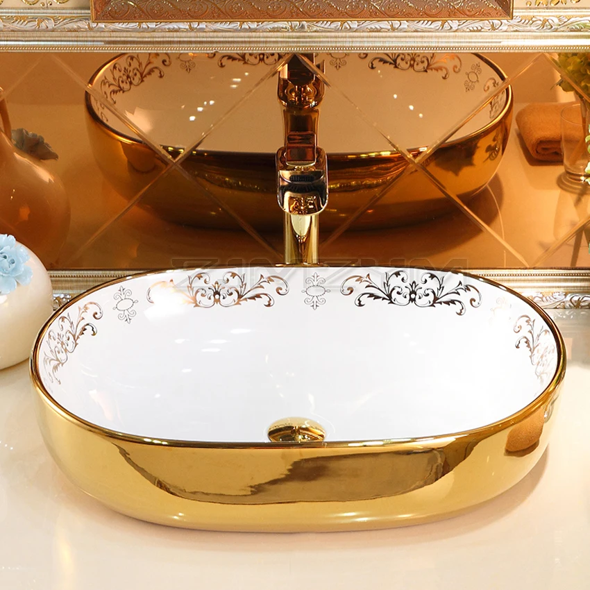 Gold Oval Countertop Ceramic Wash Basin 570*390*150mm Bathroom Vessel Sink