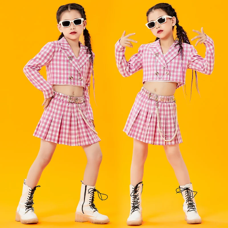 

Girls Hip Hop Dance Clothes Pink Plaid Kpop Outfits Jazz Performance Costumes Rave Clothes Performance Stage Costumes DQS8200