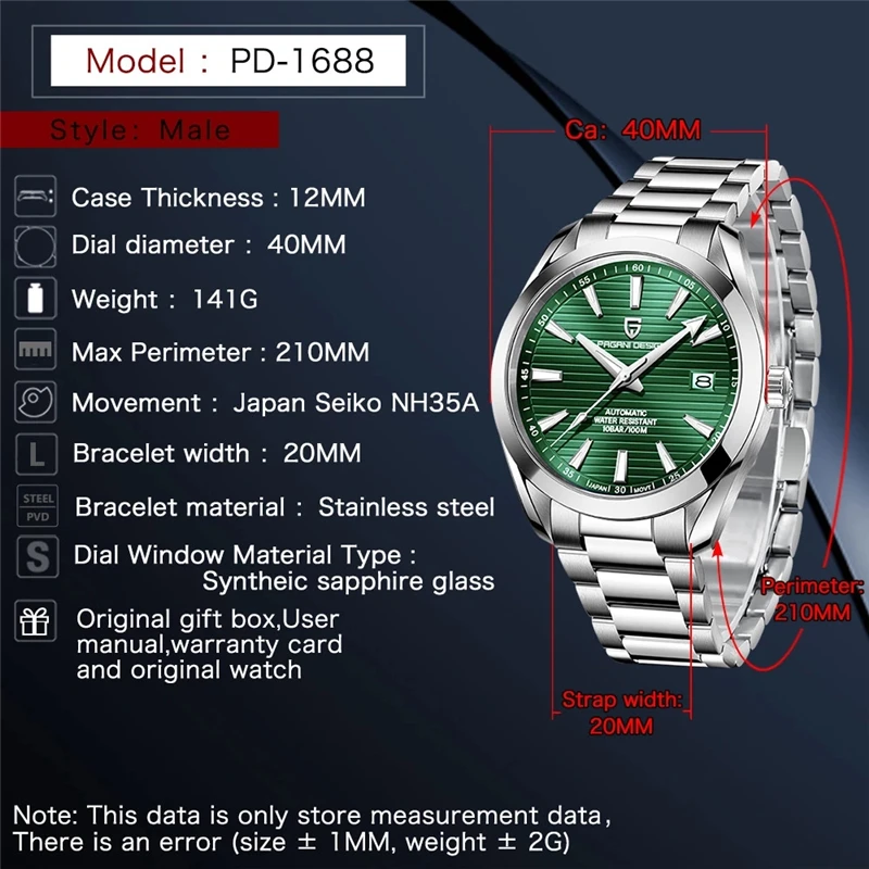 PAGANI DESIGN A150 40MM Stainless Men Mechanical Watch Luxury Sapphire Crystal Automatic Watches 100M Waterproof Watch for Men