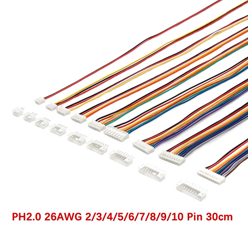 10Sets Mini JST PH-2.0 Connector 2/3/4/5/6/7/8/9/10-Pin Male Female Plug With Wires Cables Socket Connectors 300MM 26AWG