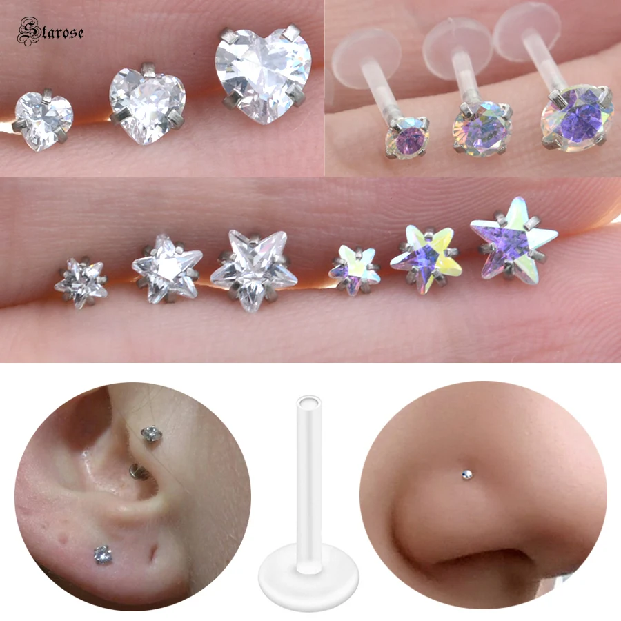 Starose 2pcs 3/4/5mm Star Round Heart Ear Piercing Labret Piercing Nariz Acrylic Nose Piercing Oreja Helix Earrings Nose Rings