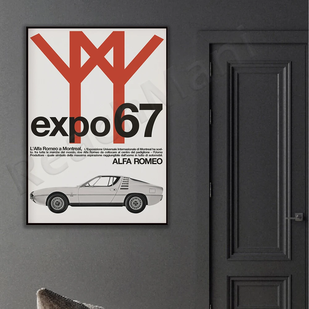 1967 World Expo Alfa Romeo Poster Montreal Alpha Medieval Denmark Modern Swiss Typesetting Canada Helvetica Porche Mustang