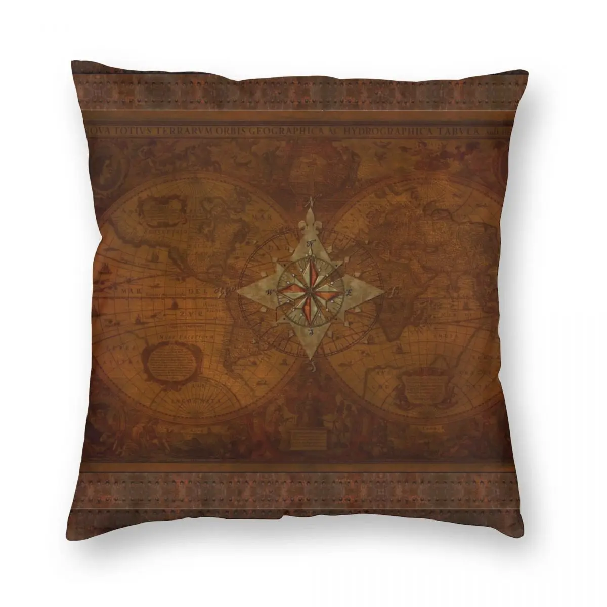 Steampunk Compass Rose Antique Map Square Pillowcase Polyester Linen Velvet Zip Decor Throw Pillow Case Car Cushion Cover