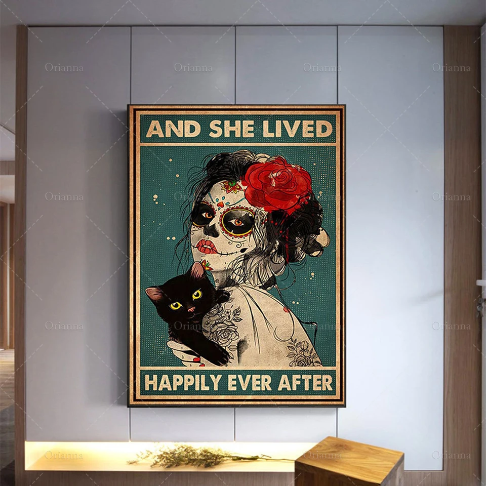 And She Lived Happily Ever After , Black Cat Wall Art, Girl And Cats Home Decor, Wicked Witch Artwork, Halloween Witch Poster