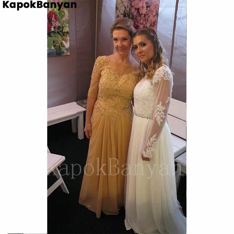 Lace Beads Scoop Neck Half Sleeves Chiffon Mother of the Bride Dress A-Line Long Evening Party Gown