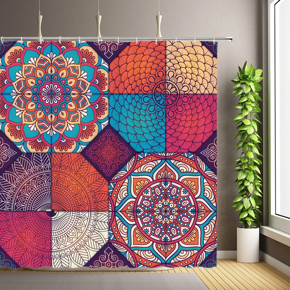 Retro Indian Mandala Flower Shower Curtain Bohemian Bath Curtains Waterproof Polyester Fabric Home Decor Curtains With 12 Hooks