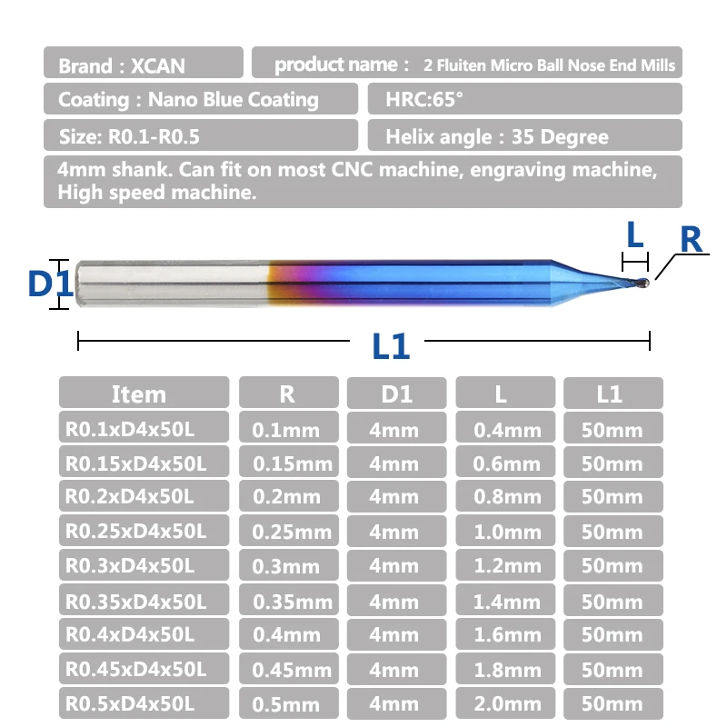 Xcan carboneto fresa R0.1-R0.5 dois flauta micro moinho para madeira bola nariz fresa cnc máquina roteador bit ferramenta de trituração