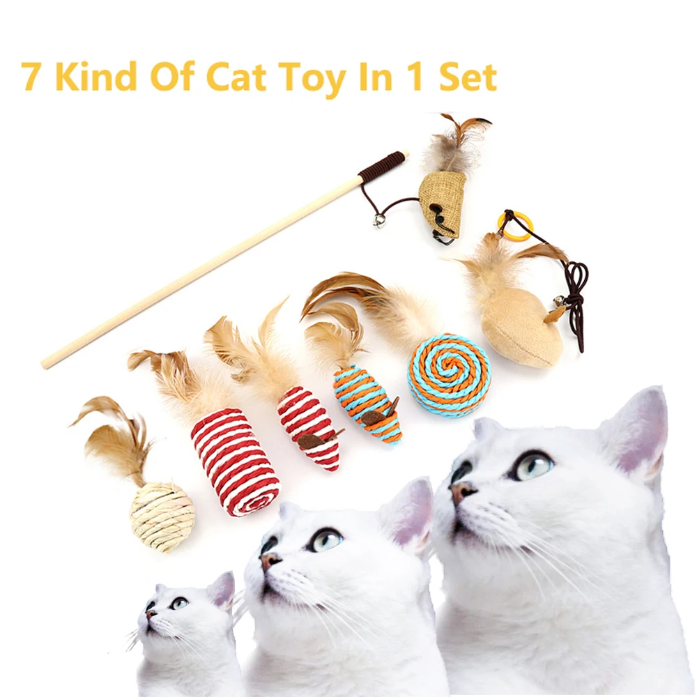 7Set Cat Toy Interactive Cat Toy Feather Mouse Stick Fishing Game Wand Pet Supplies Accessory Small Bell Rolling Ball Kitten Toy