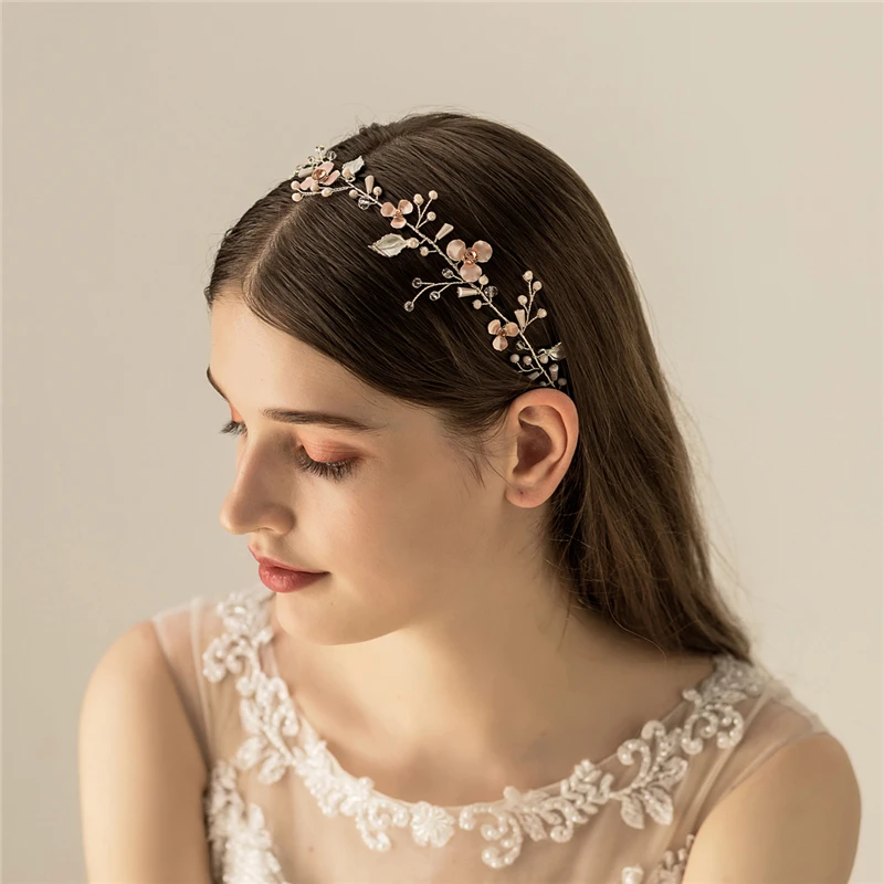 Fashion Flower Leaf Hair Vine Headband For Wedding Prom Handmade Pearls Women Jewerly Bridal Hair Piece Oranment