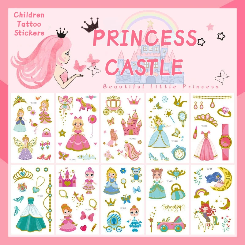 Children Tattoo Stickers Princess Cartoon Castle Princess Dress Hot Stamping Stickers Girls Birthday Dress Up Temporary Tattoos