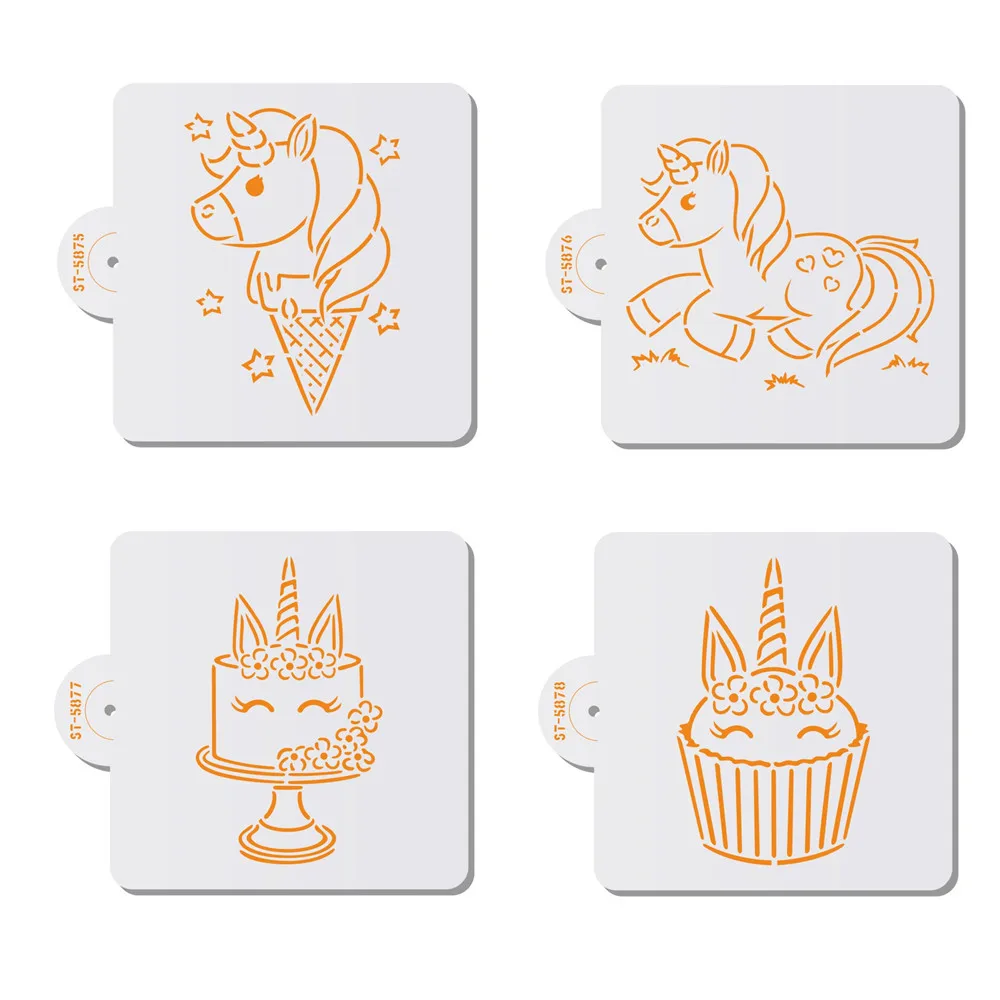 4pcs/set Smile Unicorn Cookies Stencil Coffee Stencils Template For Birthday Party Biscuit Cake Mold Cake Decorating Tool