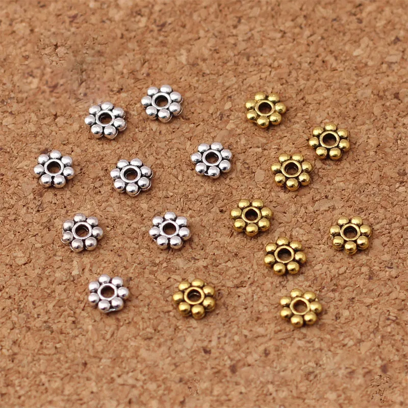 100pcs/Lot Antique Gold/Silver Color Small Snowflake Bead Spacer 5.5mm Metal Handmade Flat Beads Separator DIY Jewelry Making