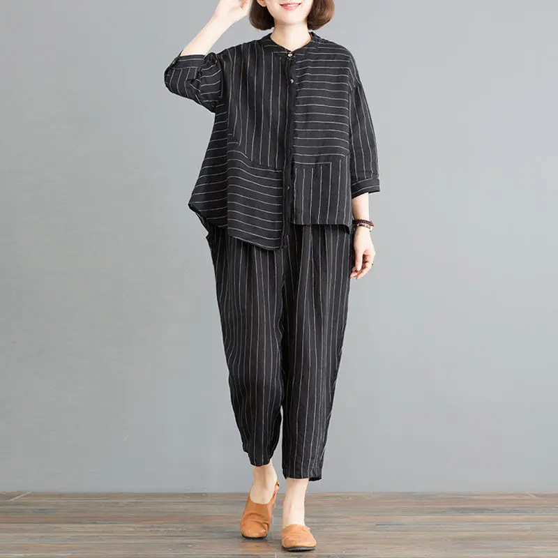 New Large Size Suit Women Clothing Summer Loose Striped Half Sleeve Cotton Linen Shirt Wide-leg Nine-point Pant Two-piece Sets