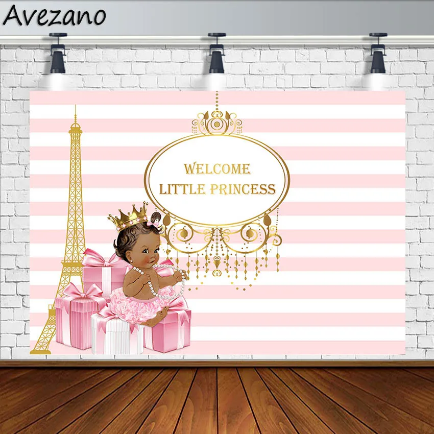 

Avezano Photography Backdrop Baby Shower Girl Little Princess Crown Eiffel Tower Pink Stripes Backgrounds Photo Studio Photozone