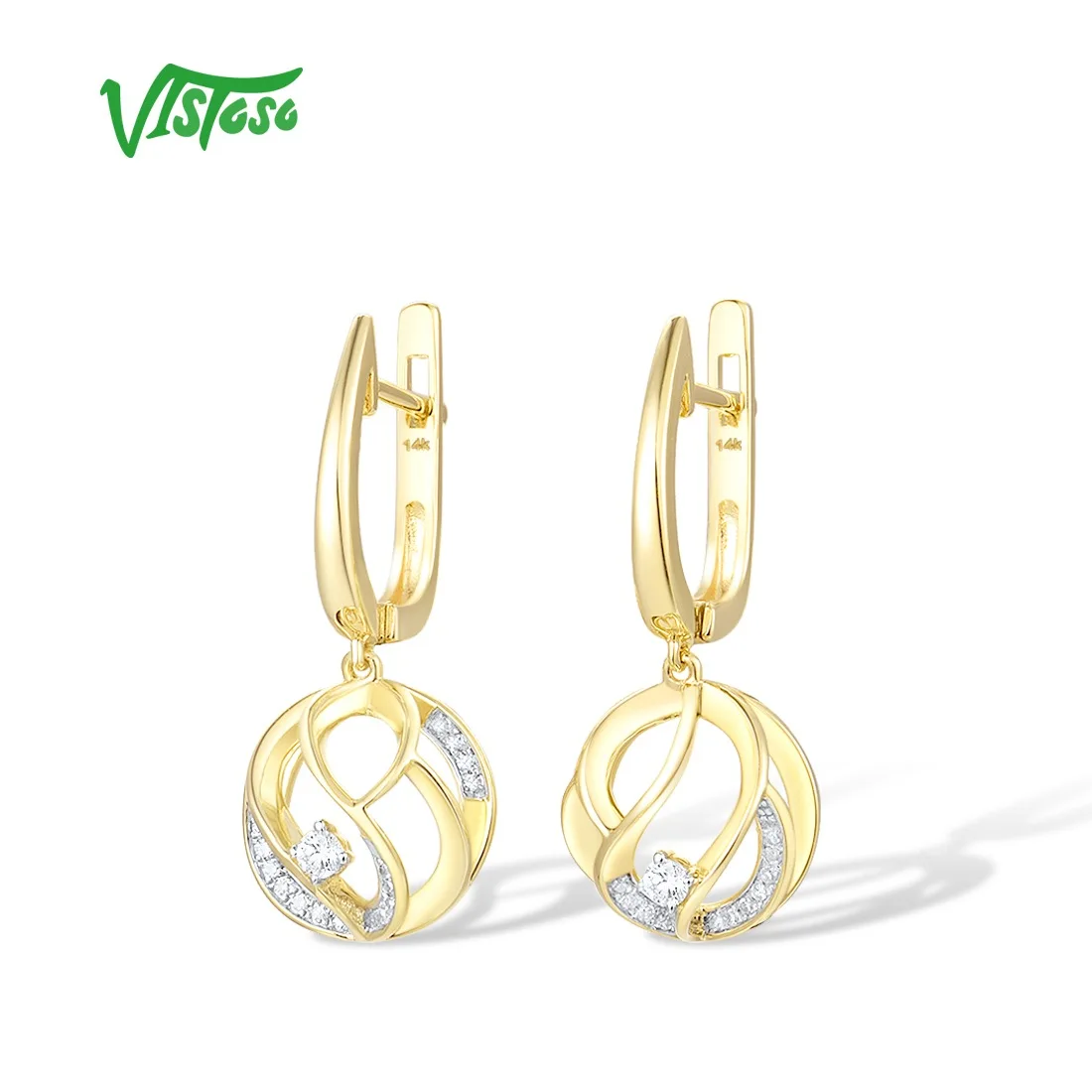 VISTOSO Gold Earrings For Women Pure 14K 585 Yellow Gold Sparkling Diamond Round Dangling Earrings Elegant Delicate Fine Jewelry