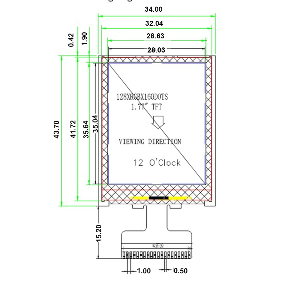 Módulo de pantalla TFT LCD a Color de 2,5 V-3,3 V, 1,77 pulgadas, soldadura de Resolución de 128x160, 20 pines, unidad ST7735, MCU8080, puerto