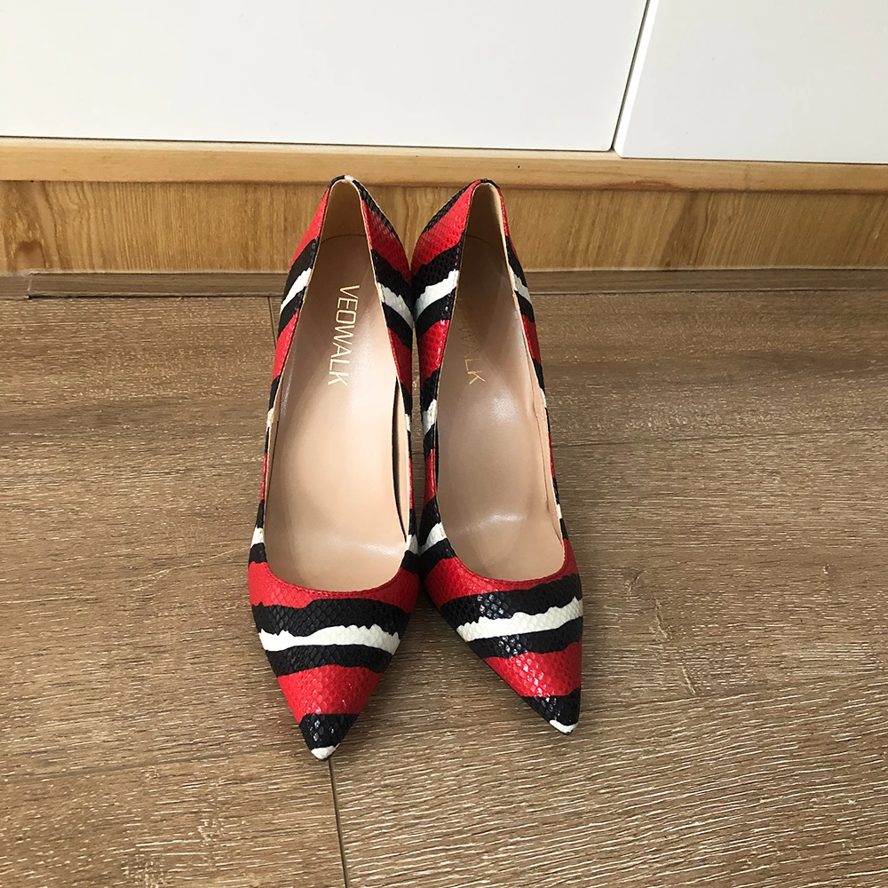 Veowalk Striped Crocodile Effect Women Sexy Pointy Toe Stiletto Pumps Ladies Slip On Low Cut High Heel Shoes for Party Red