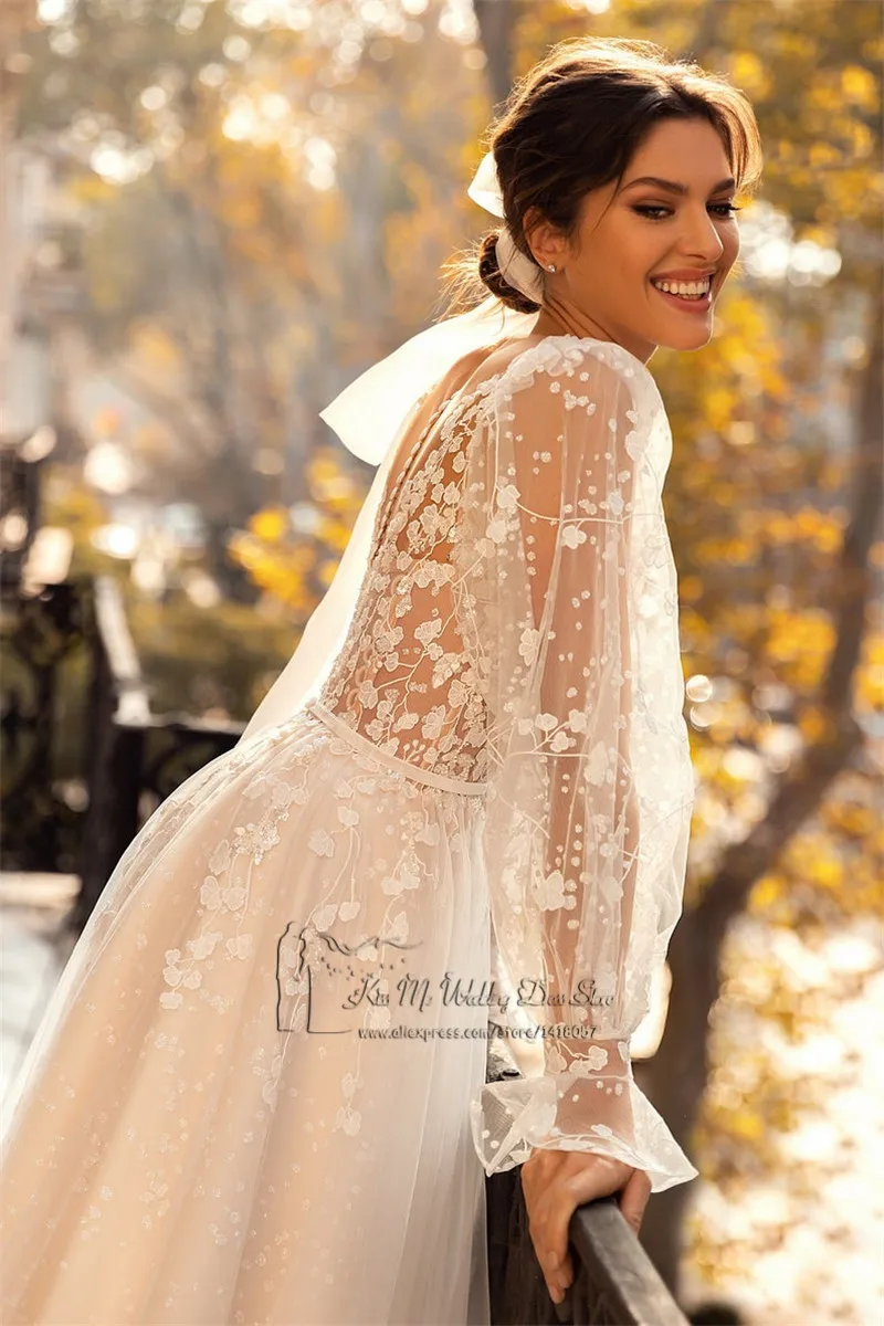 Robe de mariée Vintage à manches longues bouffantes, en dentelle, à paillettes, pour église, balayage, Train, col en V, robes de mariage scintillantes, plage, 2021