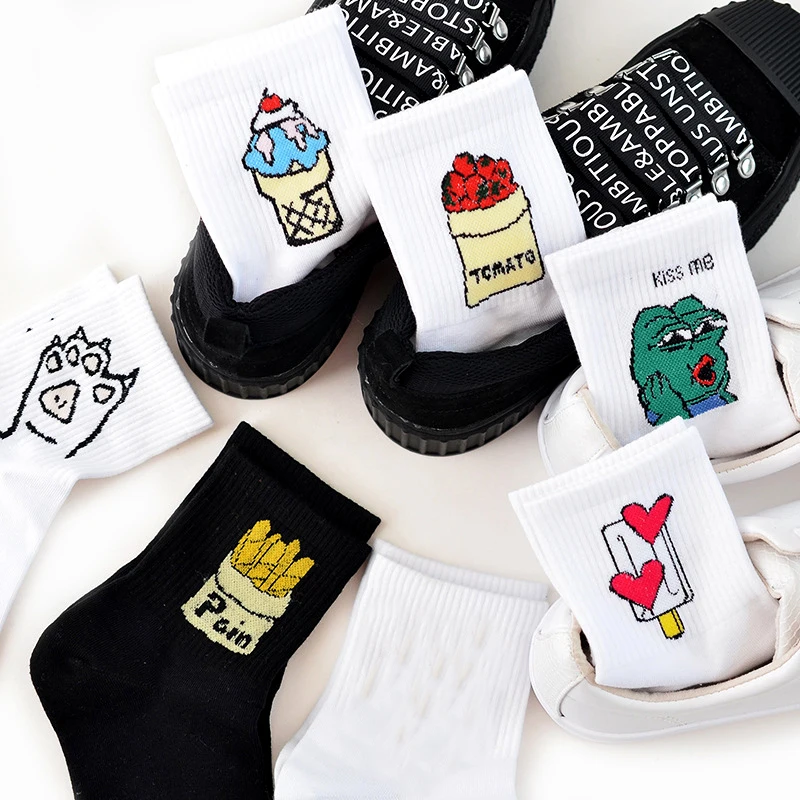 2020 French Fries Tomatoes Ice Cream Sad Frog Socks Female Happy Japanese Korea Harajuku Style Funny Socks Cotton Women's Socks