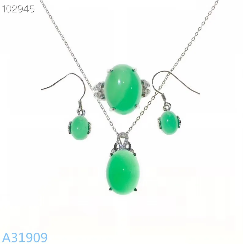 

KJJEAXCMY Fine jewelry 925 sterling silver inlaid natural green chalcedony earrings necklace pendant ring set support detection