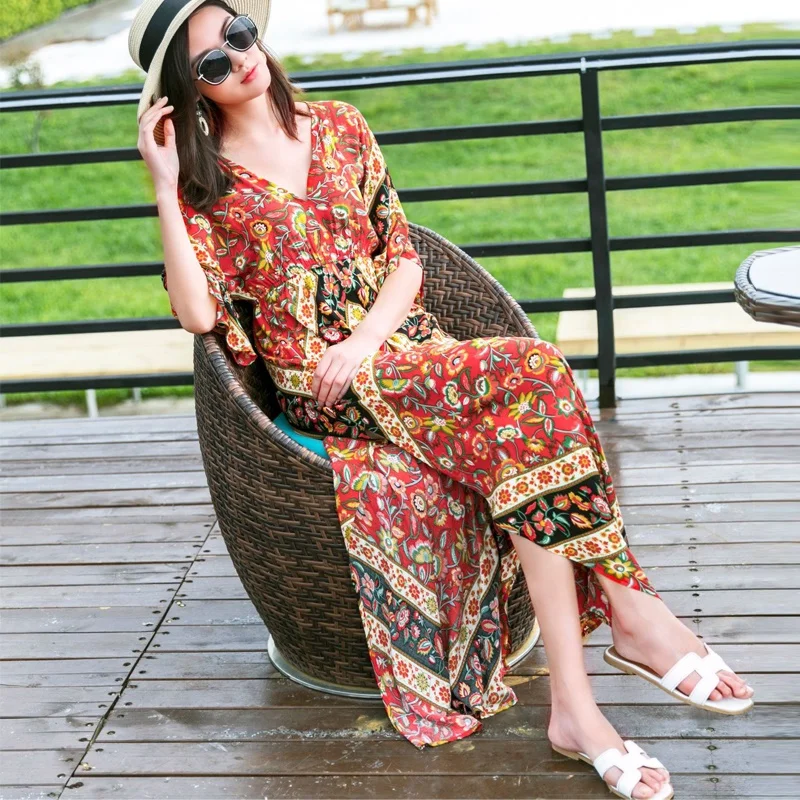 

Beach Dresses 2020 Boho Chic Dress Summer Holiday Sundress Vintage V-Neck Slit Maxi Bohemian Dress For Women Vestidos DD2535