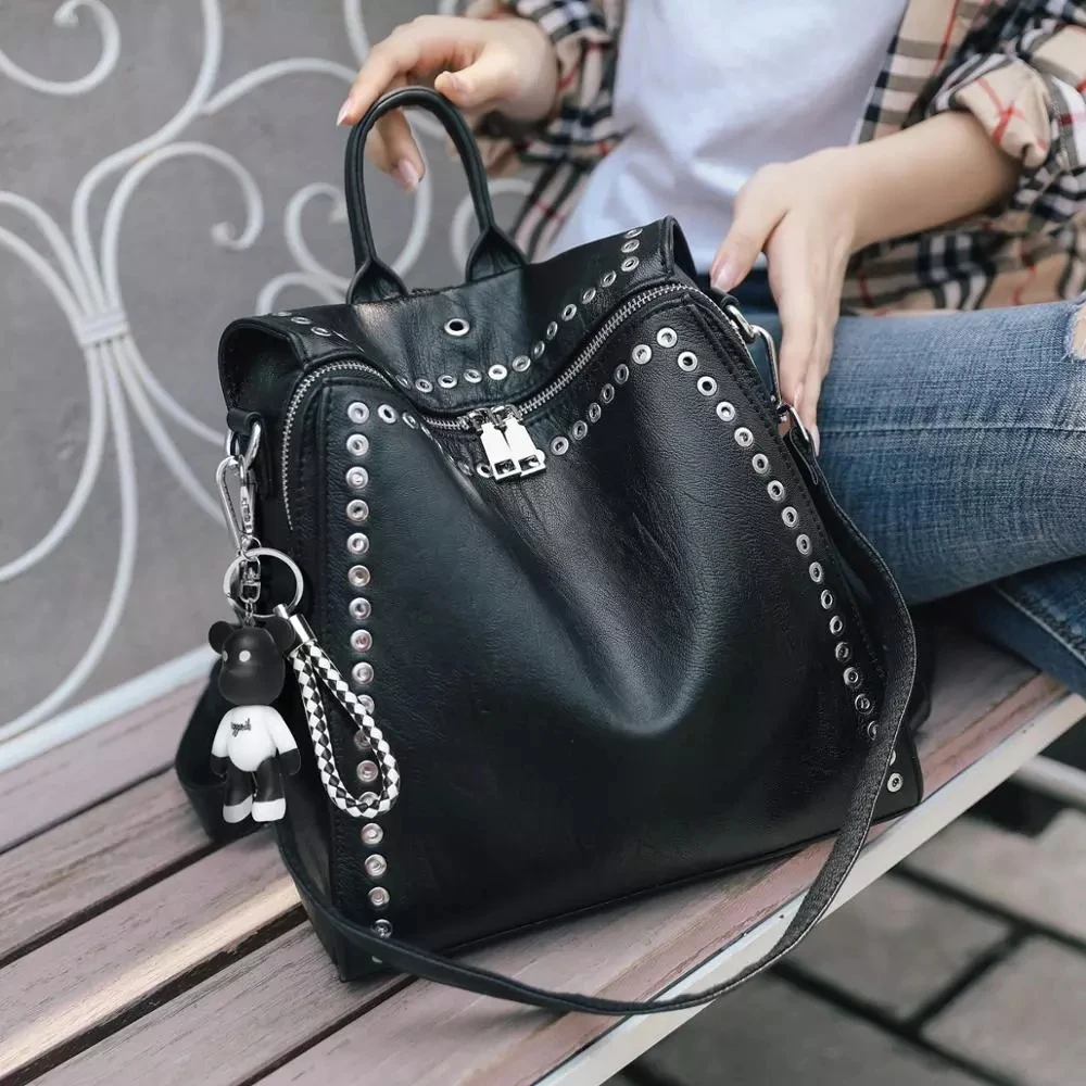 Luxury Women Genuine Leather Backpack Rivet Multifunctional Shoulder Bag Female Daily Travel Bag Girls Fashion Schoolbag Mochila