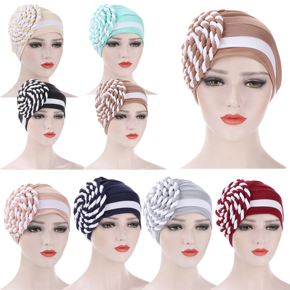 

Double Color Braid Hijab Caps Milk Silk Women Muslim Headscarf Bonnet African Headwraps Ready to Wear Musulman Femme Turban Hat