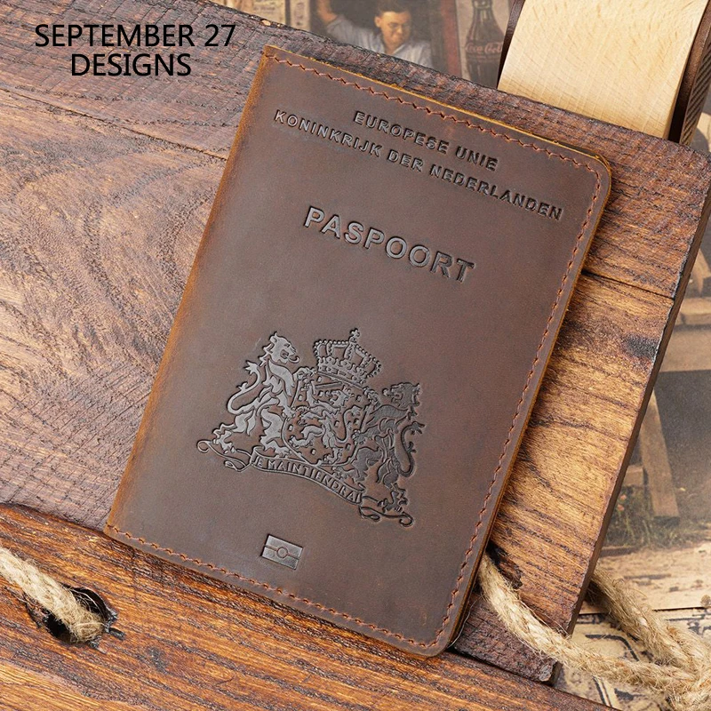 Netherlands Passport Cover Men Crazy Horse Leather Passport Case Women Genuine Leather Handmade 100% Cowhide Travel Passport Bag