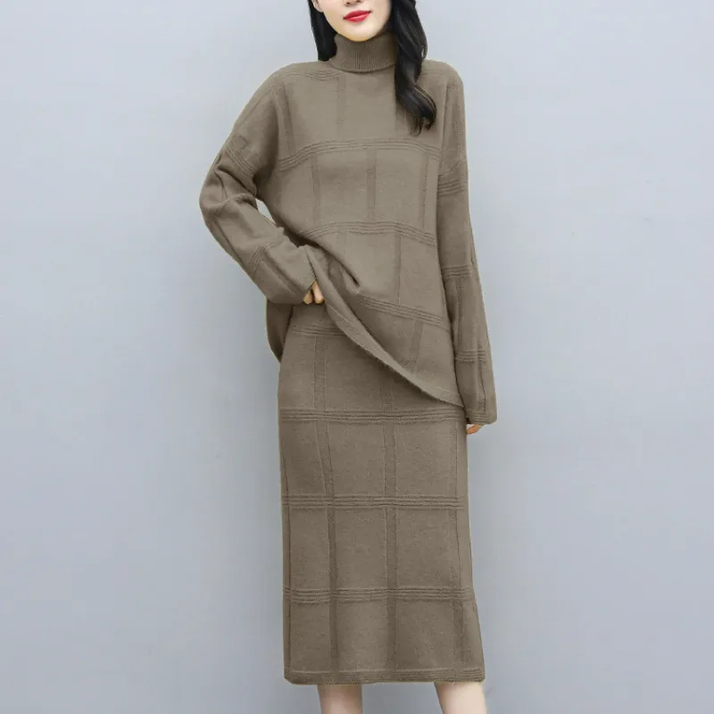 

Women's Elegant Matching Sets Solid Turtleneck Loose Knitted Pullover Sweaters Medium Long Skirts Office Lady Winter Set