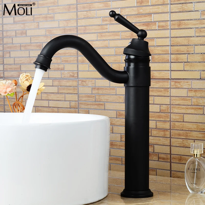 

Vintage Style Bronze Black Bathroom Sink Faucets Deck Mounted Tall Vessel Basin Faucet Hot and Cold Water Mixer Taps ML5002H