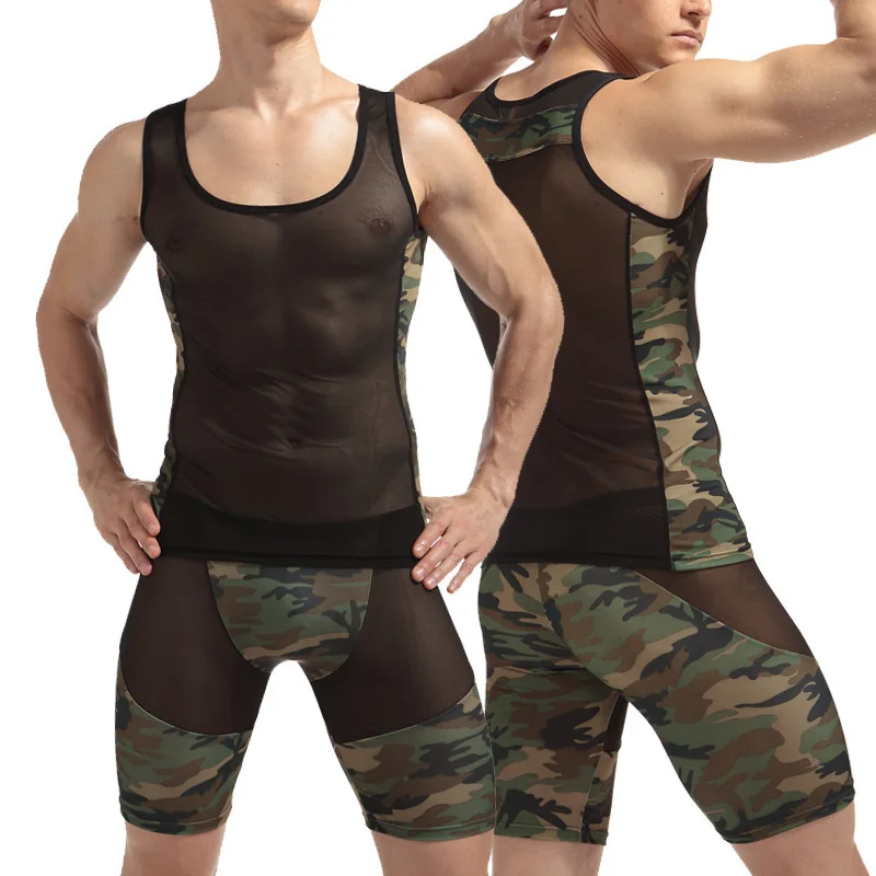 Mens Camouflage Tank Tops Sexy Mesh Transparent Gay Bodysuit Men Wrestling Jumpsuit Tight Leotard Homewear Rompers Nightwear