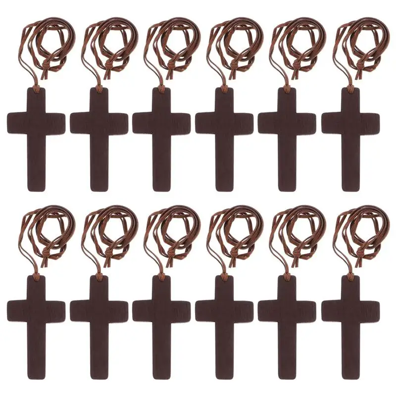 12pcs Natural Wood Cross Pendant Necklace Handmade Wooden Crosses Crucifix Necklace Pendant Ornaments For Women Men